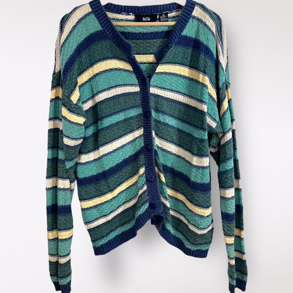 Vtg 90s PASTA Women’s Cardigan Sweater Striped Blue‎ Ramie Slouchy Cozy Preppy - Picture 1 of 7